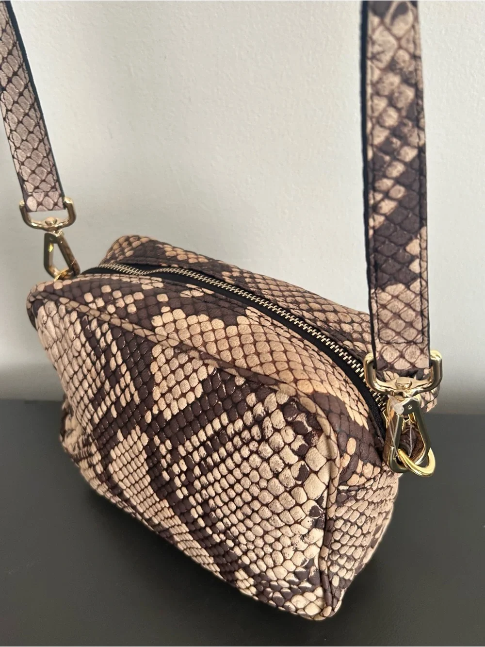INNUE Made in Italy Leather Python Snake Print Crossbody Camera Bag